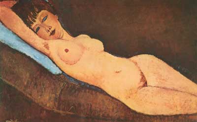 Gemälde Reproduktion von Amedeo Modigliani Akt liegend mit blauem Kissen