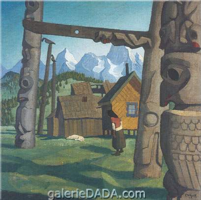 Gemälde Reproduktion von Edwin H. Holgate Totem Pole Gitsegiuklas