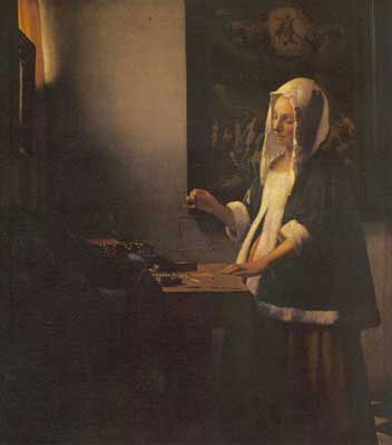 Gemälde Reproduktion von Johannes Vermeer Eine Frau, die ein Gleichgewicht hält