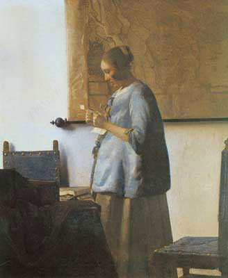 Gemälde Reproduktion von Johannes Vermeer Eine Frau in Blau liest einen Brief