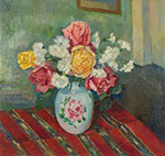 Gemälde Reproduktion von Conrad Felixmuller Rose Carnations in a Rose Container on a Red Blanket