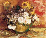 Gemaelde Reproduktion von Vincent Van Gogh, Schale mit Sonnenblumen, Rose und anderen Blumen