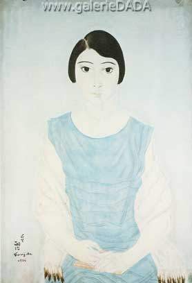 Tsuguharu Foujita Retrato de una chica joven con un vestido azul reproduccione de cuadro