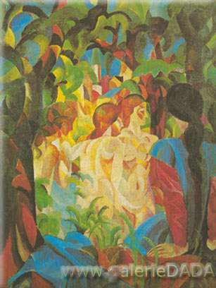 August Macke Filles se baigner avec la ville en arrière-plan reproduction-de-tableau