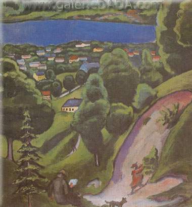 August Macke Paysage de Tegernsee avec Man Reading et Dog reproduction-de-tableau