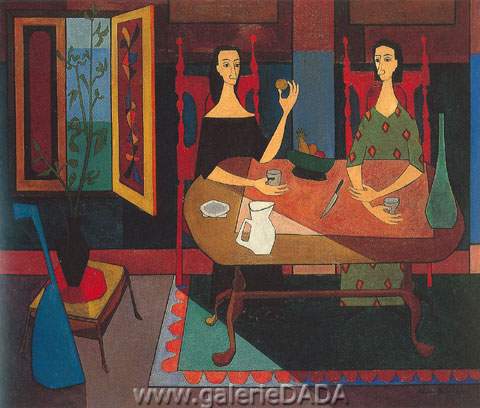 Cundo Bermudez Dos Mujeres à la Mesa reproduction-de-tableau