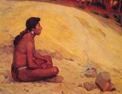 Eanger Irving Couse Indien assis près d'un feu de camp reproduction-de-tableau