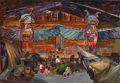 Emily Carr Indian House Interior avec totems reproduction-de-tableau