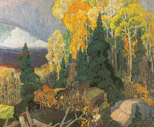 Franklin Carmichael à flanc de colline d'automne reproduction-de-tableau