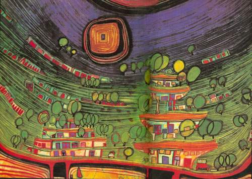 Friedensreich Hundertwasser Les maisons pendent sous les prés. reproduction-de-tableau