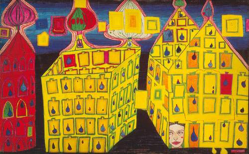 Friedensreich Hundertwasser Maisons jaunes reproduction-de-tableau