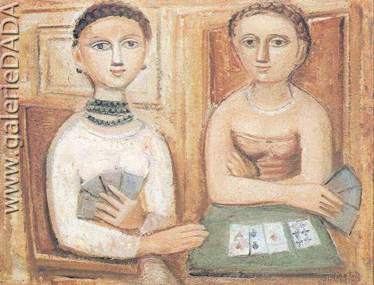 Massimo Campigli Un jeu de cartes reproduction-de-tableau