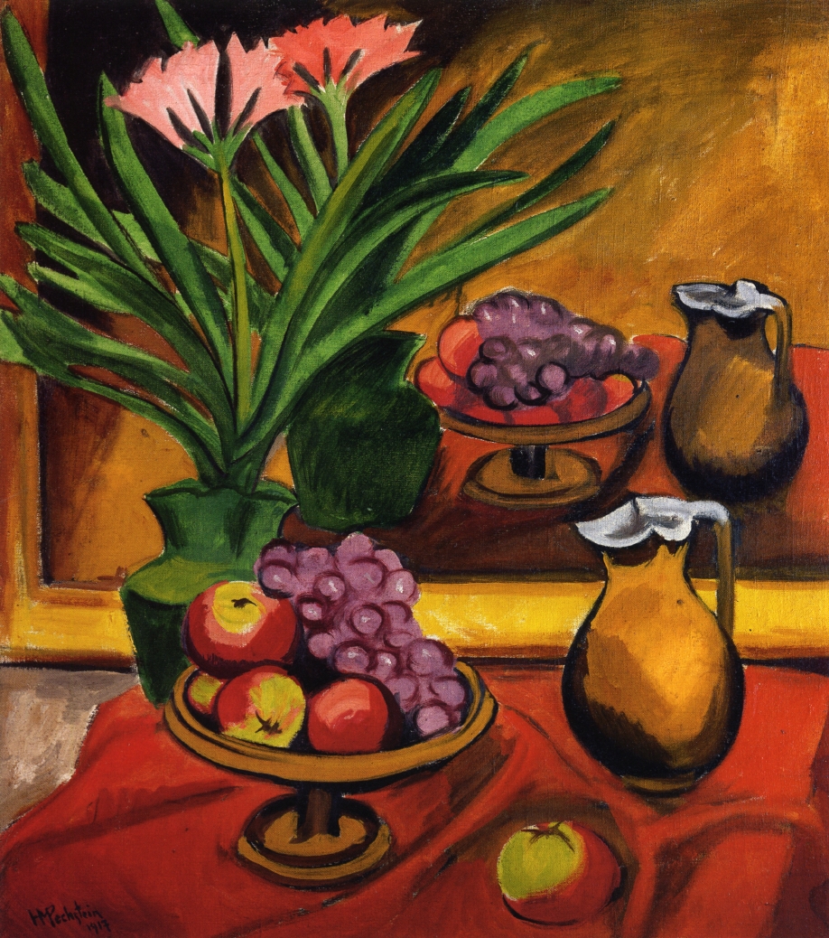 Max Pechstein Nature morte avec Mirror Clivia, fruit and JUG reproduction-de-tableau