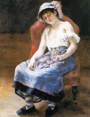 Pierre August Renoir Jeune fille avec un chat reproduction-de-tableau