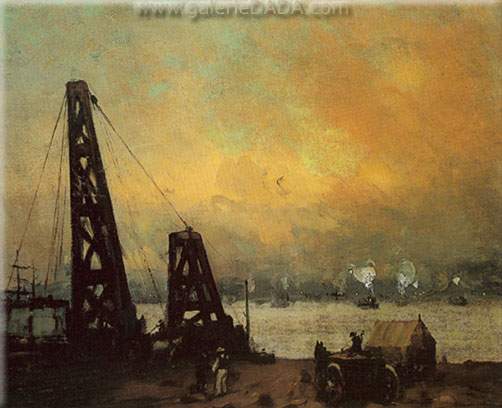 Robert Henri Derricks sur la rivière North reproduction-de-tableau