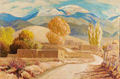 Sheldon Parsons Adobe village Scene with Mountains reproduction-de-tableau