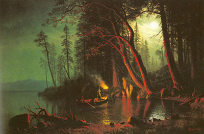 riproduzione-quadri-di Albert Bierstadt Lago Tahoe, Spearing Fish di Torchlight