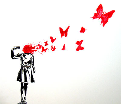 riproduzione-quadri-di Banksy Butterfly suicidio