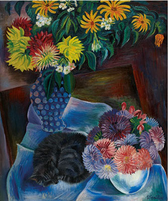 riproduzione-quadri-di Conrad Felixmuller Herbstblumen Mit Katze II Katze liegend