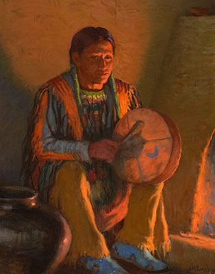 riproduzione-quadri-di Joseph Henry Sharp Firelight Drummer